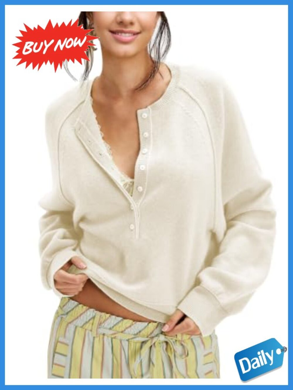 Women's Half Button Henley Neck Sweater Acrylic Cotton Pullover Top